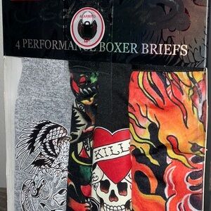 Ed Hardy Performance Boxers Briefs 4 Pack Skulls Flames Tattoo Themes Size L NWT